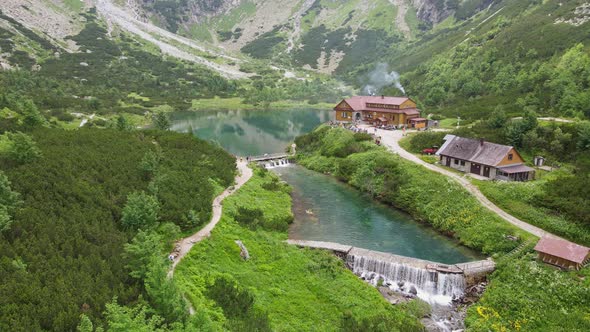 Aerial view of the lake Zelene pleso in the High Tatras in Slovakia