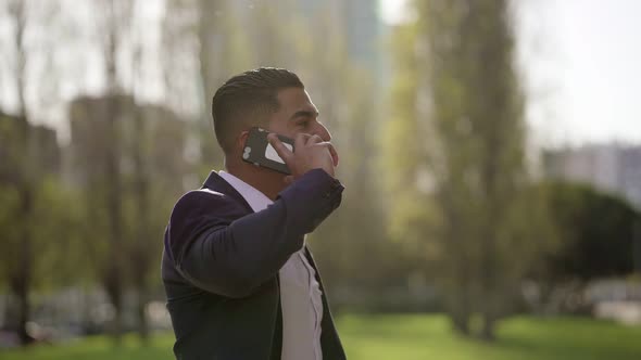 Businessman Talking By Smartphone and Triumphing Outdoor