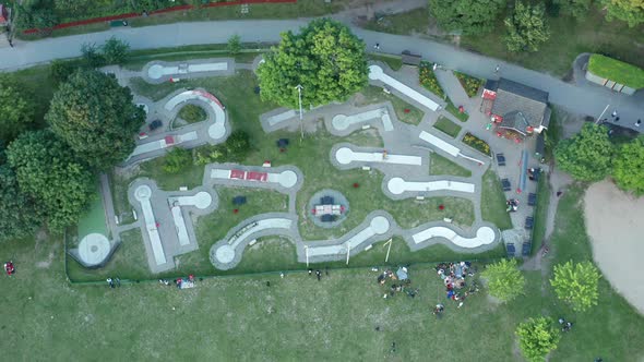 Miniature golf course, aerial drone from above.