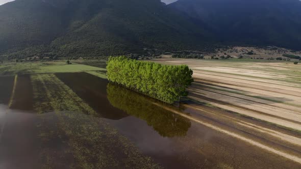 Aerial view of Lake Stymphalia, located in the north-eastern part of the Peloponnese, in Corinthia,