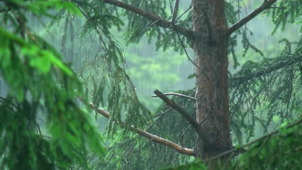 A Pine Tree Trunk In Heavy Rainfall