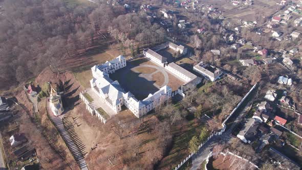 Aerial View Around the Vyshnivets Palace Ukraine in Sunny Autumn Day