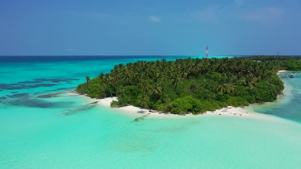 Aerial panorama of tranquil resort beach time by blue sea and white sandy background of a dayout nea