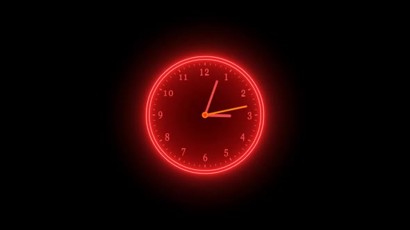 Red Neon Clock Isolated Animated On Black Background