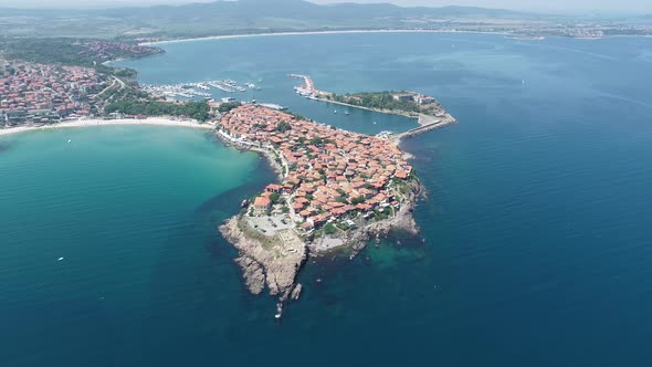 Aerial view of the old town of Sozopol. Sozopol is an ancient seaside town near Burgas, Bulgaria