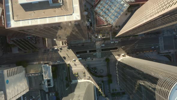 AERIAL Slow Uplifting Birds Eye View Flight Over Downtown Los Angeles California Grand Avenue in