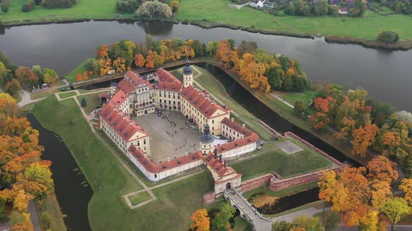 Top View of the Autumn Nesvizh Castle and Park