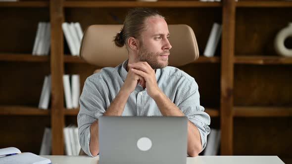 Pensive Focused Intelligent Young Adult Caucasian Businessman Manager or Ceo in Stylish Clothes