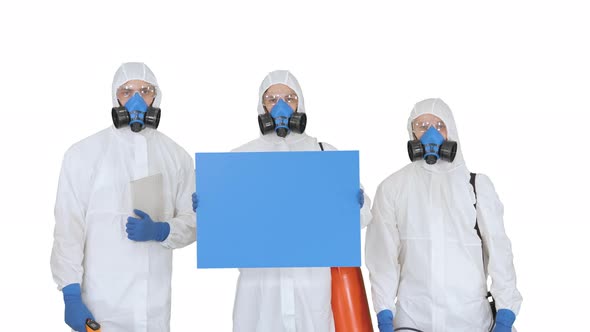 Group of Epidemiologists in Protective Uniform Holding Blank Placard on White Background.