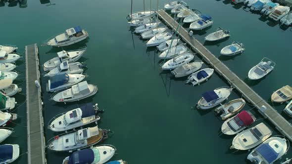 Aerial View of the Harbor Yacht Club Sailboats and Motorboats Moored at the Marina