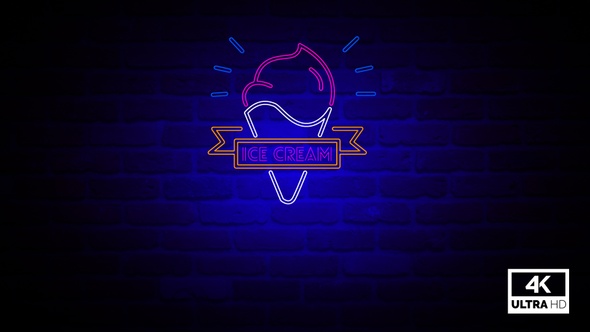 Ice Cream Neon Sign Flickering Neon Light Animation 4K