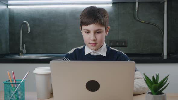 1213 Years Old Schoolboy Using Laptop Computer for Online Education at Home