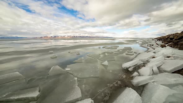 Ice piles at the edge of Utah Lake in winter time-lapse