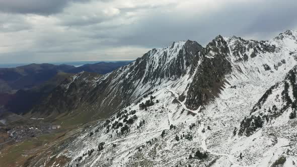 Aerial View of the Valley and Mountains After the First Snow Near the Village of La Mongie. Pyrenees