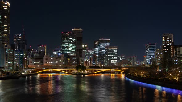 Osaka Bridge Against Night Skyscrapers Timelapse