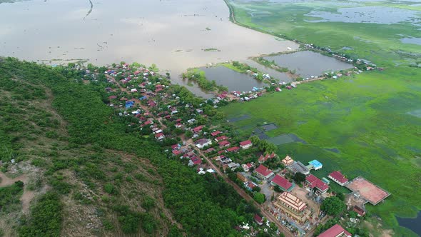 Farming and fishing village near Siem Reap in Cambodia seen from the sky