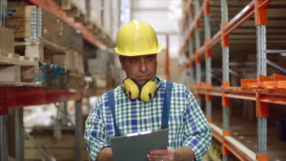 Factory Worker Walking in Warehouse with Clipboard