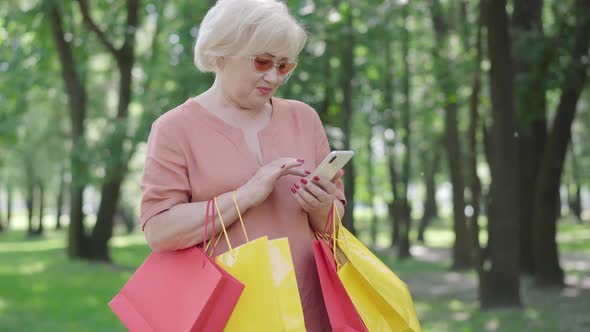 Elegant Senior Woman with Shopping Bags Messaging Online Using Smartphone. Portrait of Confident