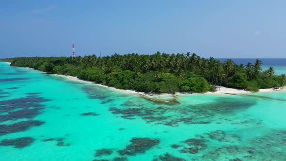 Aerial nature of idyllic sea view beach trip by aqua blue lagoon with white sand background of journ