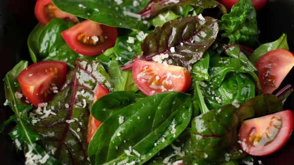 Fresh salad with tomatoes, arugula, spinach, parmesan cheese top view rotation