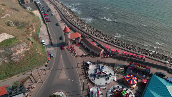 Aerial shot of street and Pigeon bath corner in  Scarborough UK.