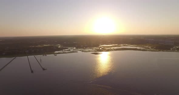Aerial of coastal wetlands at sunrise