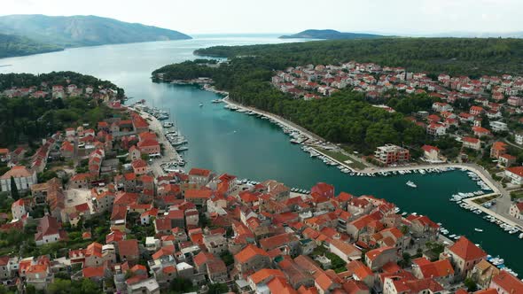 Aerial Sunset View of Stari Grad a Town at Hvar Island Croatia