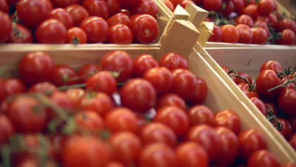 Woman in Supermarket Takes Cherry Tomatoes From Box Organic Food Farmers Market