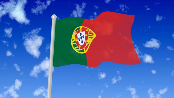 Portugal National Flag Flying Wave In The Sky With Clouds