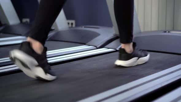 Female Legs Walking on Treadmill Low Angle View