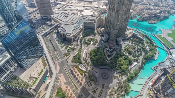 Dubai Downtown Street with Busy Traffic and Skyscrapers Around Timelapse