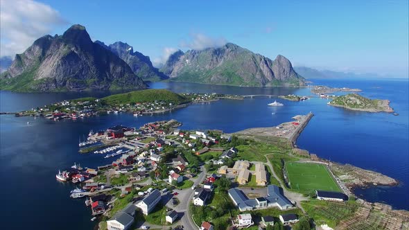 Flying above beautiful town Reine on Lofoten islands