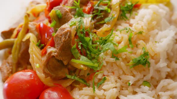 Rice Meat and Vegetables Ready for Dinner