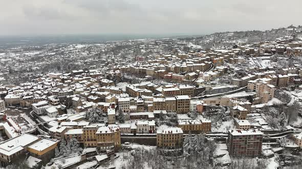 Aerial Winter Landscape of Dense Historic Center of Thiers Town in PuydeDome Department