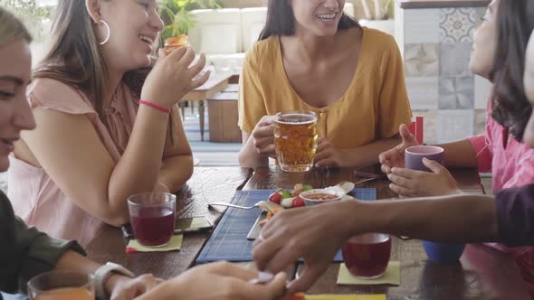 Slow Motion Multicultural People Having Breakfast Drinking Coffee and Cheers