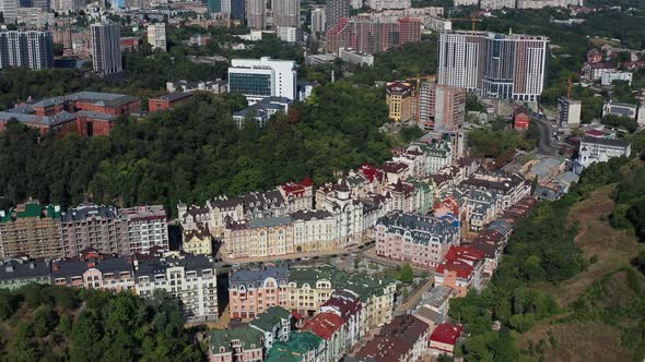 Top view of Podol. Many buildings and churches.