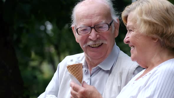Happy mature couple eating ice cream in the park.