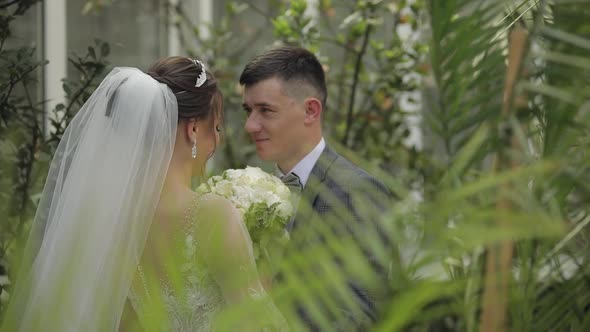 Newlyweds. Caucasian Groom with Bride Walking in Park. Wedding Couple. Man and Woman in Love