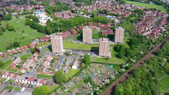 Aerial drone footage of the town of Bramley which is a district in west Leeds, West Yorkshire,