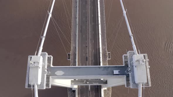 Cars and Vehicles Crossing the Severn Bridge in the UK Aerial View