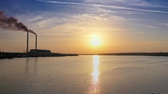 Drone landscape of sunset view on the river surface.