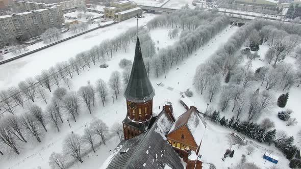 Aerial view of the Cathedral in Kaliningrad in the wintertime