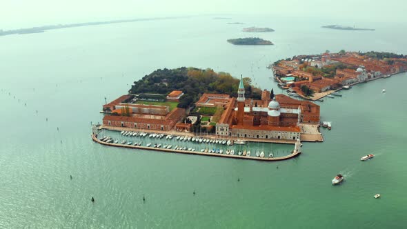 Aerial view of the San Giorgio Maggiore island in Venice