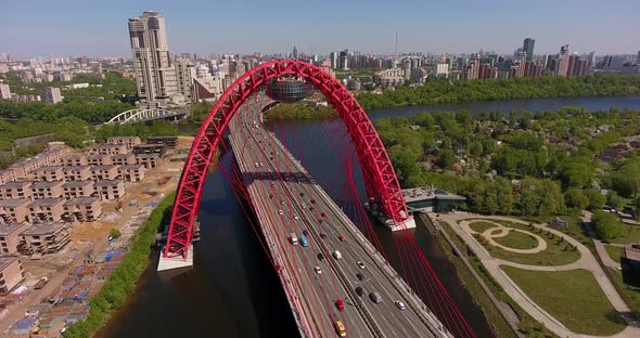 Beautifull red Bridge, Moscow, Russia. Aerial