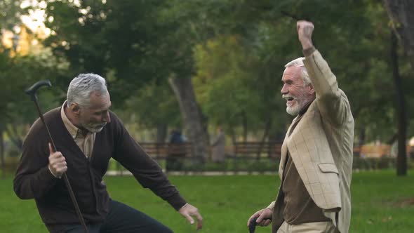 Joyful Retired Men Dancing Park With Walking Sticks