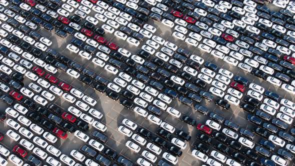 Motion Past Long Rows of Finished Cars Bird Eye View