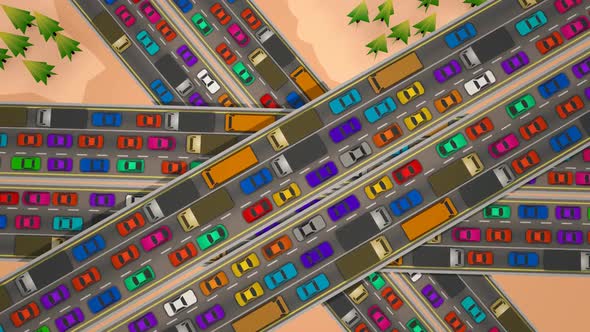 Aerial view of the highway with the slow moving bumper to a bumper traffic jam.