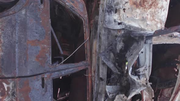 Vertical Video of Burnt Cars During the War in Ukraine