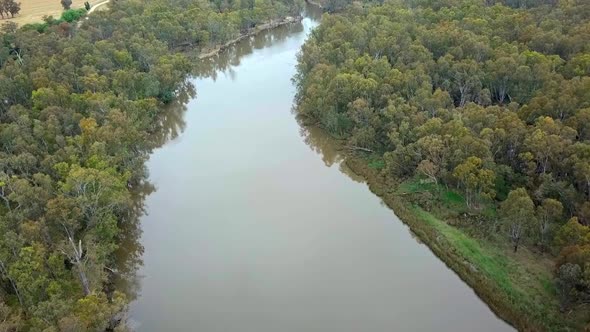 Drone footage over the Murray River and eucalypt forest south of Corowa, Australia. November 2021.