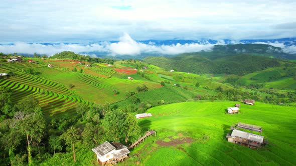 Aerial view of drones flying over rice terraces